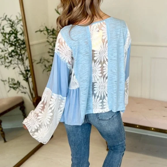 Pol V- neck, Floral Lace Sleeve Top - Picture 3 of 4